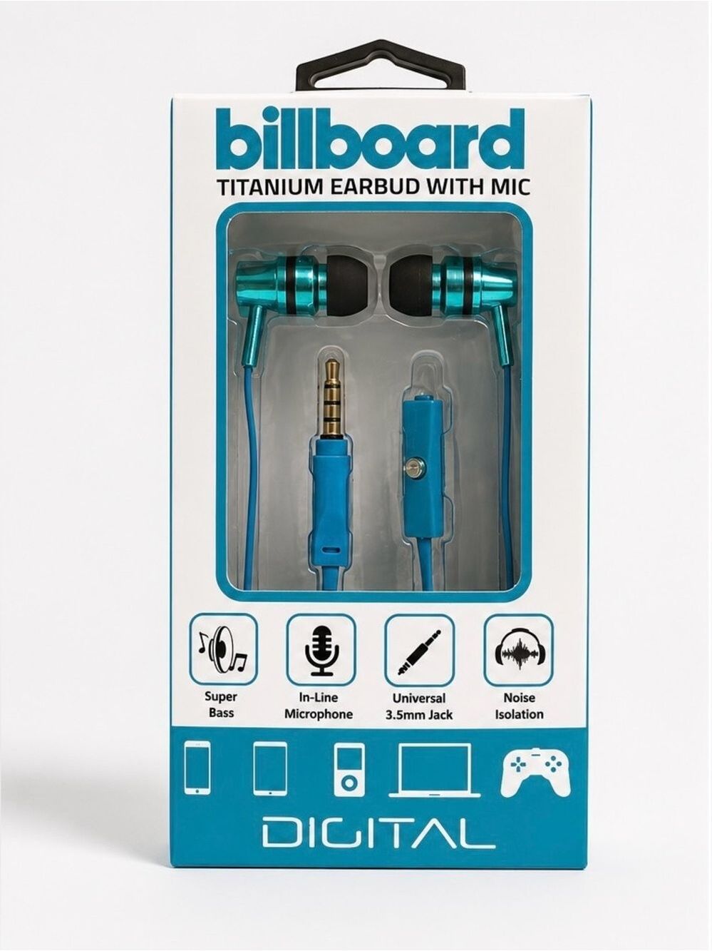 Billboard Titanium Wired Earbuds with Mic Teal Blue NIP